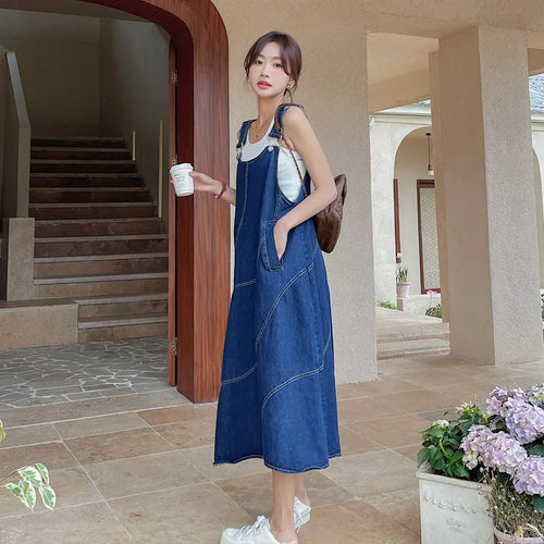 Denim Dress Sleeveless – Vintage Suspender Pinafore with Chic Loose Fit Style