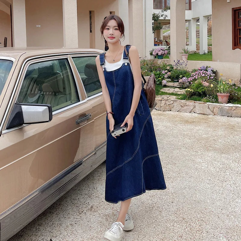 Denim Dress Sleeveless – Vintage Suspender Pinafore with Chic Loose Fit Style