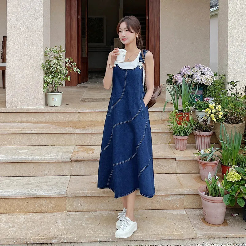 Denim Dress Sleeveless – Vintage Suspender Pinafore with Chic Loose Fit Style