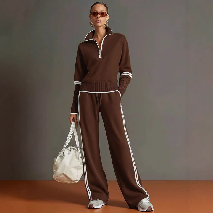 Chocolate brown women's relaxed fit tracksuit with white stripes and wide-leg sweatpants
