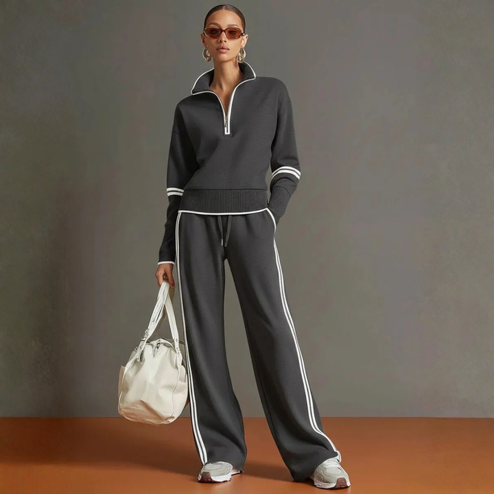 Dark charcoal gray women's long sleeve two-piece loungewear with white stripe details