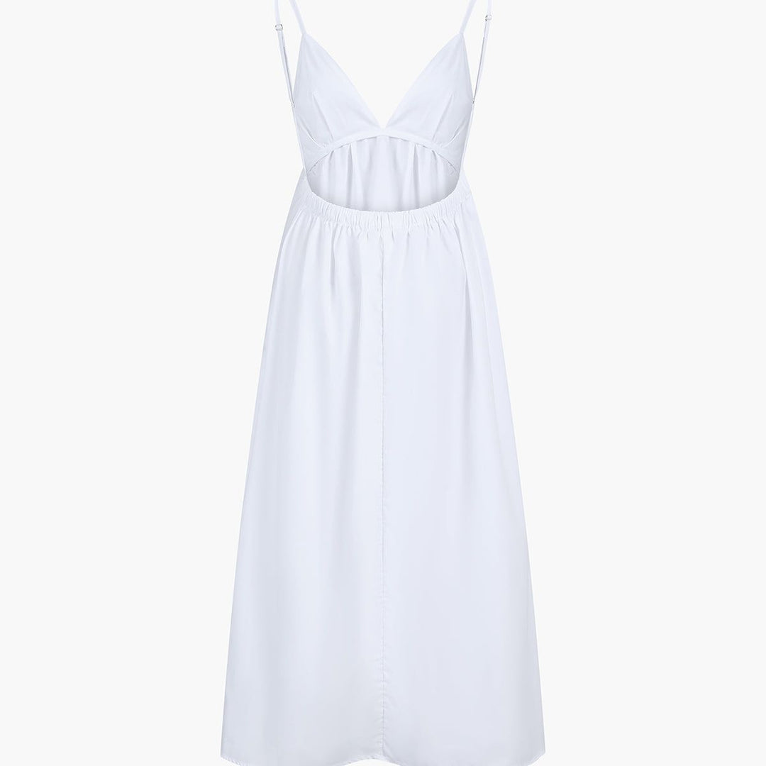 White sleeveless A-line maxi dress with deep V-neck and spaghetti straps