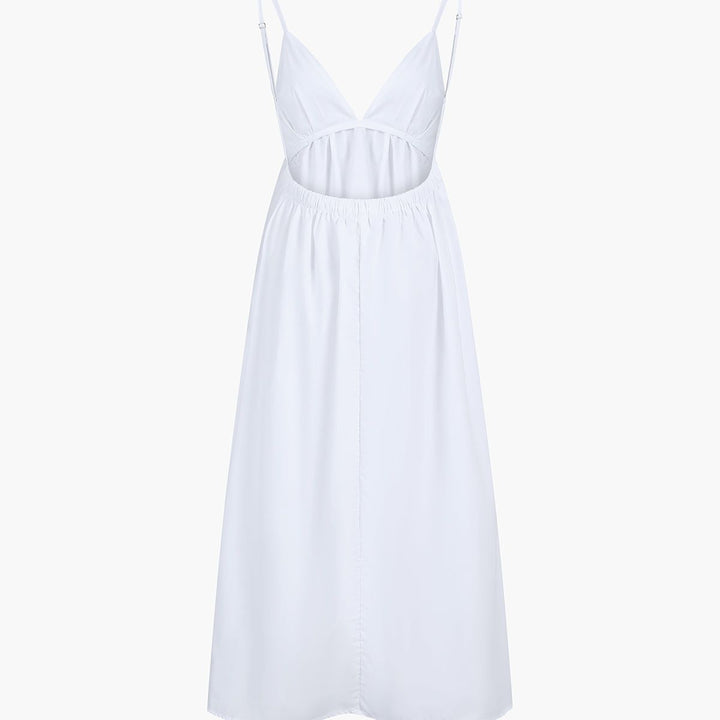White sleeveless A-line maxi dress with deep V-neck and spaghetti straps