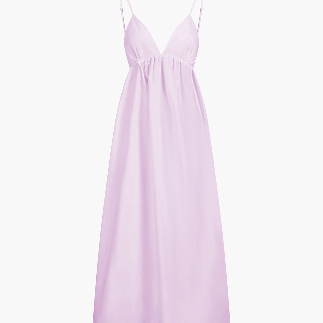 Lavender sleeveless maxi dress with spaghetti straps, deep V-neck and gathered waist