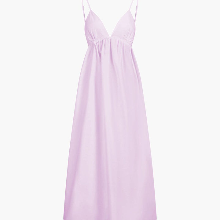 Lavender sleeveless maxi dress with spaghetti straps, deep V-neck and gathered waist