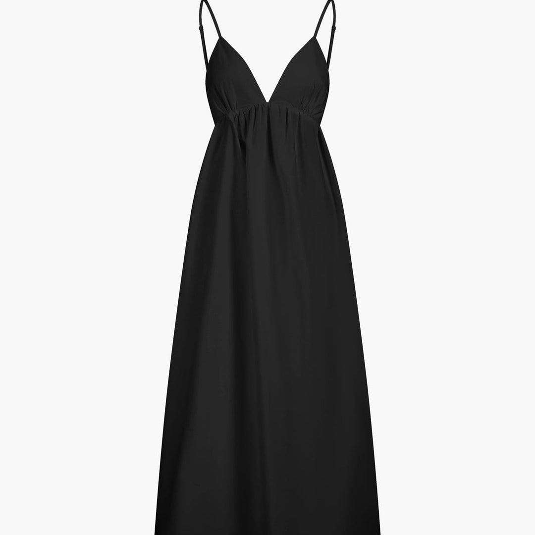 Black sleeveless A-line maxi dress with deep V-neck and gathered waist