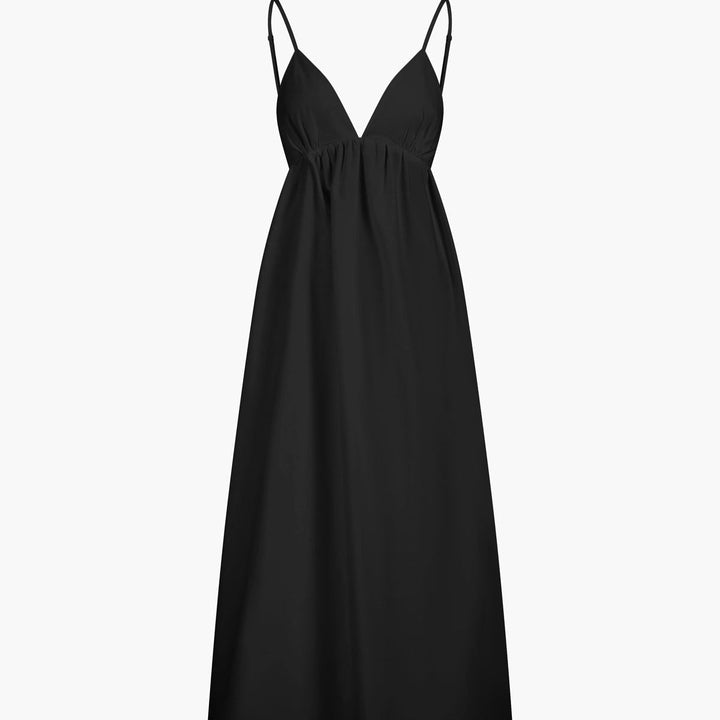 Black sleeveless A-line maxi dress with deep V-neck and gathered waist
