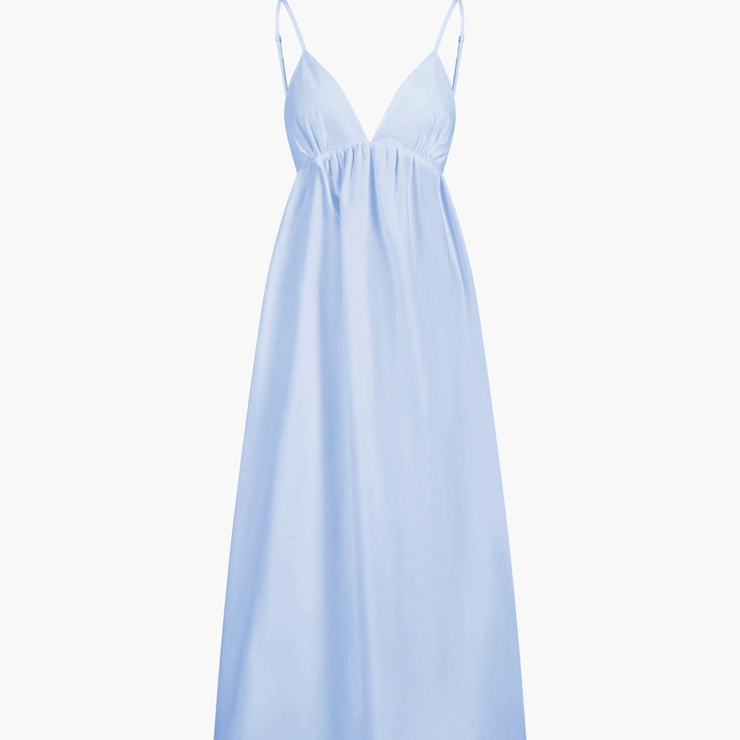 Light blue sleeveless A-line maxi dress with deep V-neck and elastic waist
