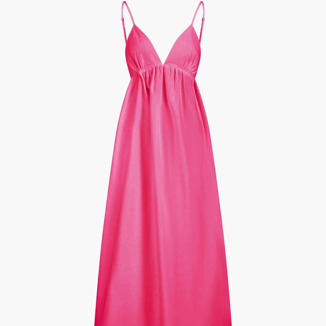 Fuchsia pink sleeveless A-line maxi dress with deep V-neck and elastic waist
