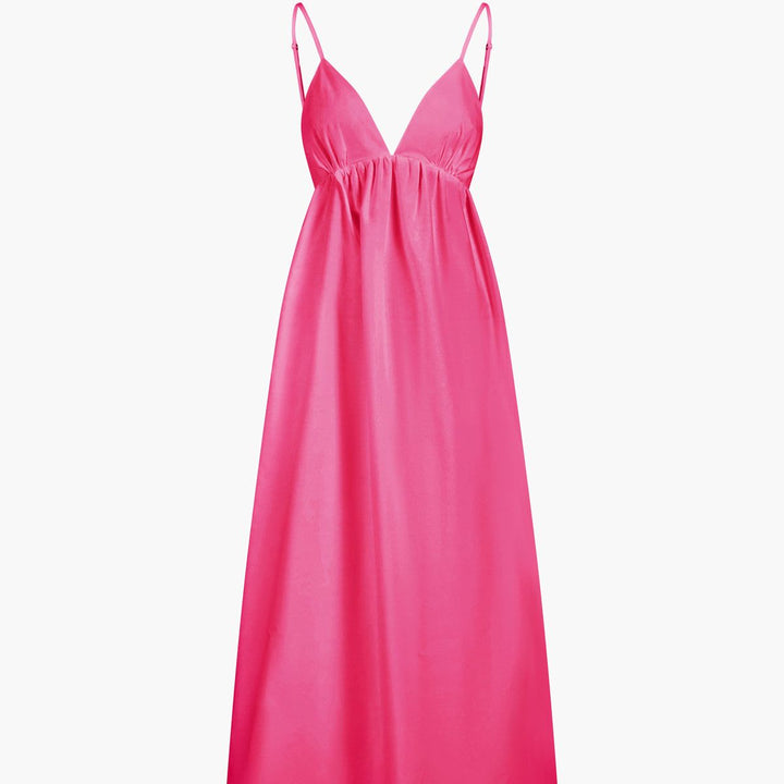 Fuchsia pink sleeveless A-line maxi dress with deep V-neck and elastic waist