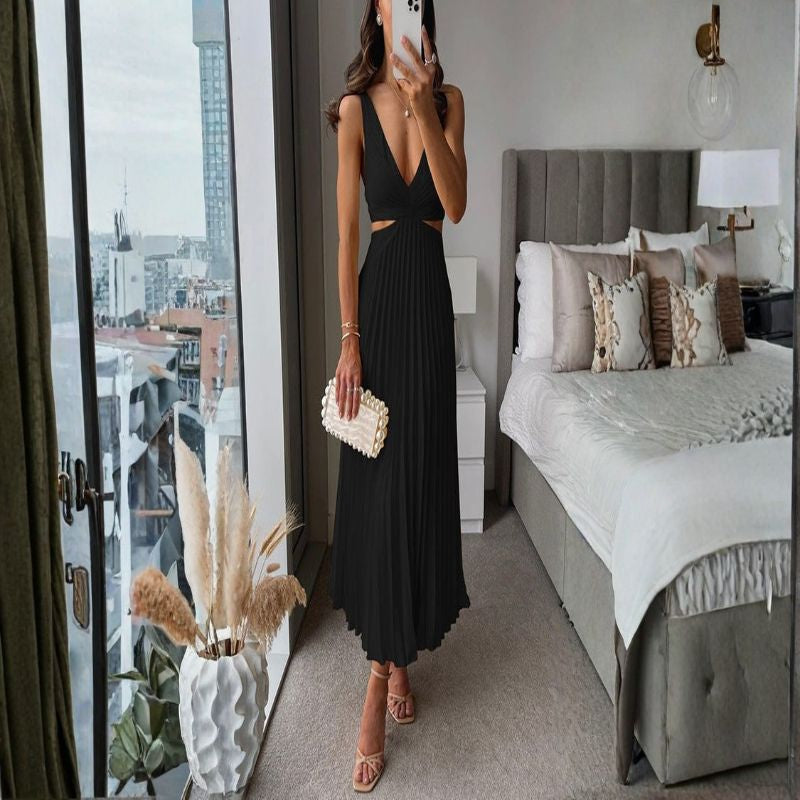 Black sleeveless V-neck midi dress with waist cutout and pleated skirt