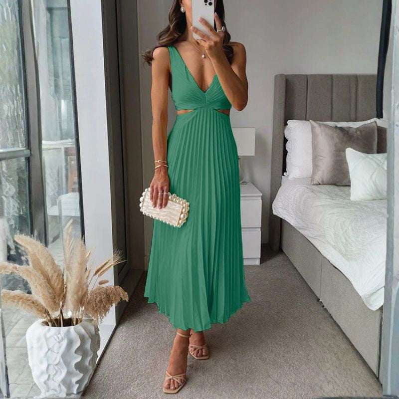 Teal satin V-neck midi dress featuring side waist cutout detail