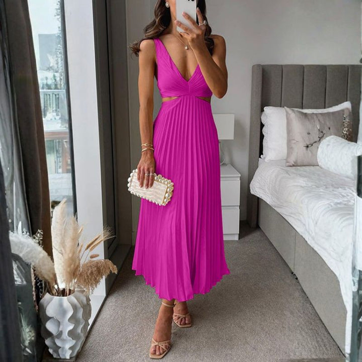 Fuchsia sleeveless V-neck midi dress with pleated A-line skirt