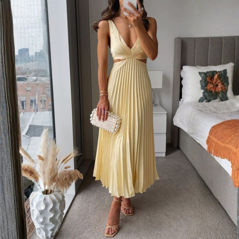 Pale yellow satin V-neck midi dress with pleated skirt and cutout