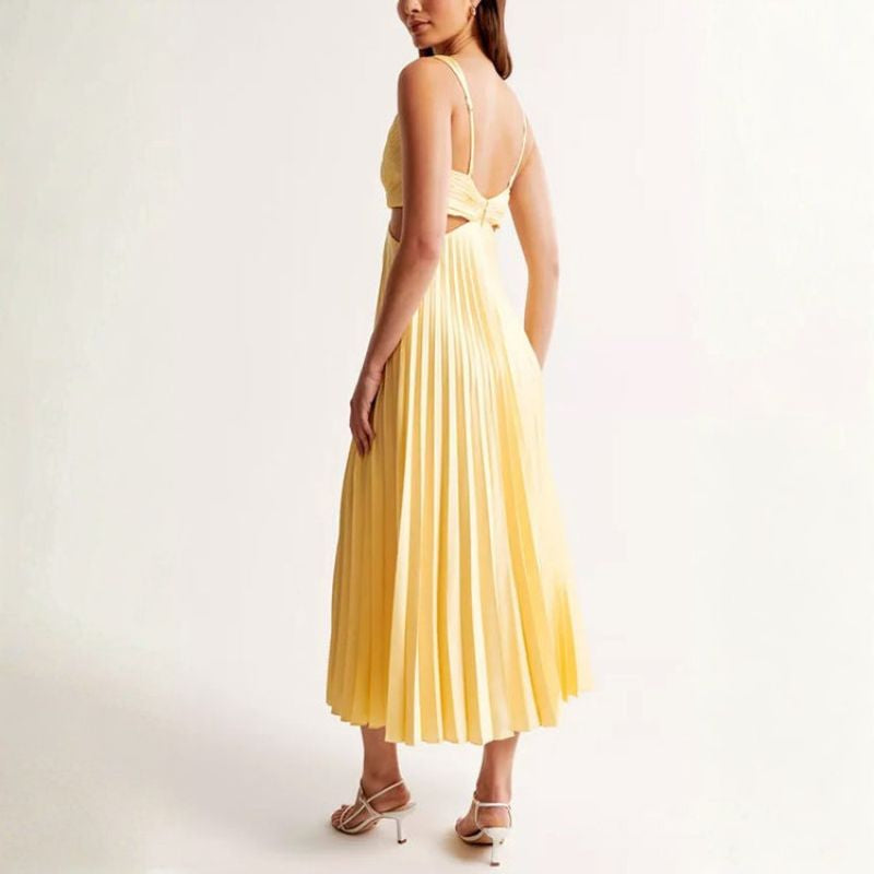 Pale yellow back cutout midi dress with pleated A-line silhouette