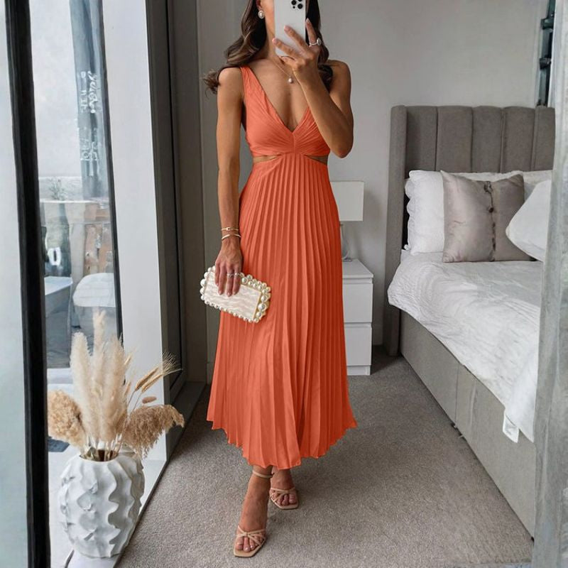 Orange V-neck midi dress with side waist cutout and flowing drape