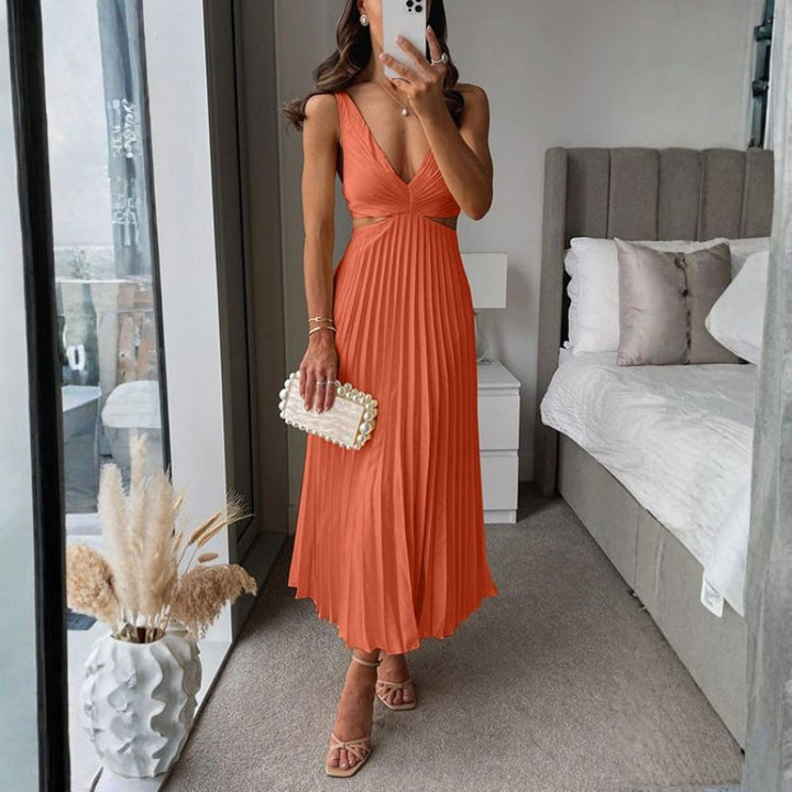 Orange V-neck midi dress with side waist cutout and flowing drape