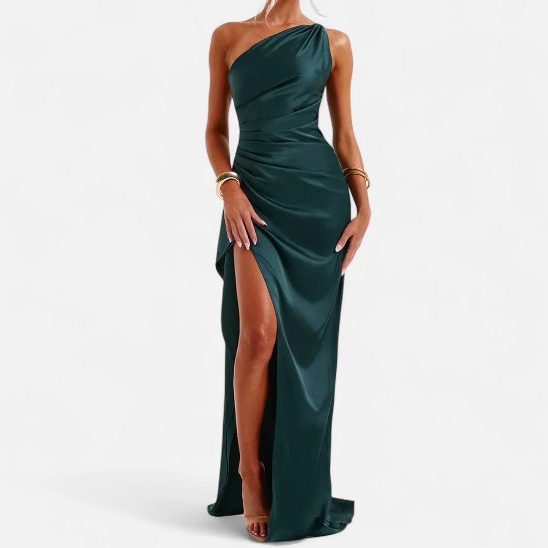 Deep forest green one-shoulder formal gown with ruched bodice and thigh-high slit