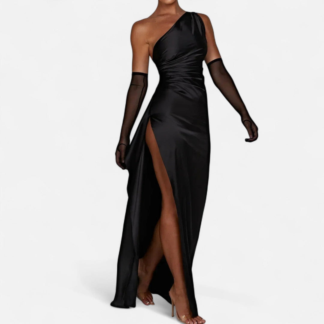 Classic black one-shoulder prom dress with sheer gloves and elegant side slit