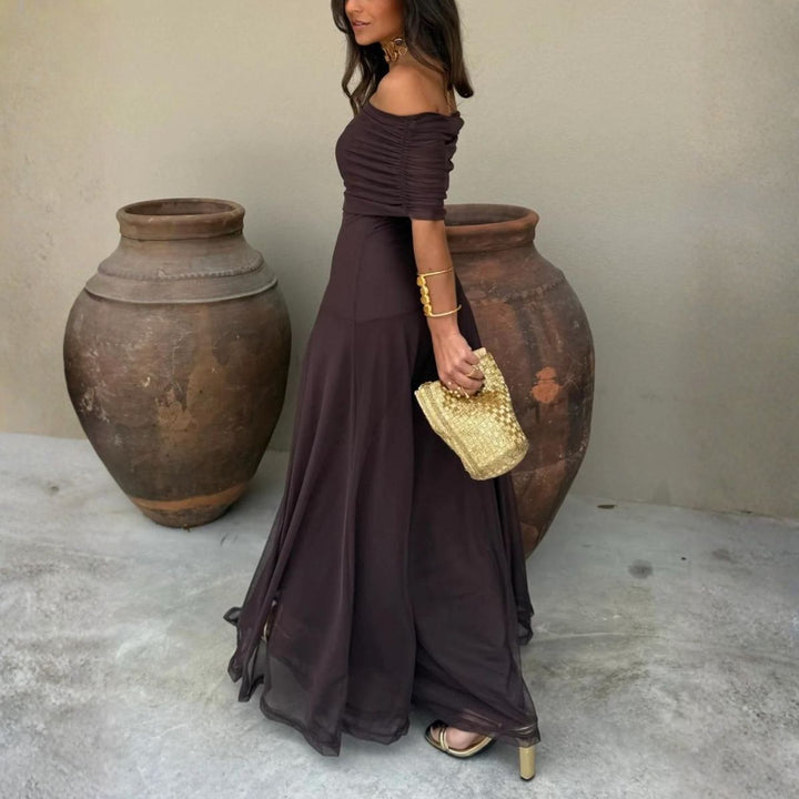 Dark brown off-shoulder chiffon maxi dress with ruched bodice and flowing skirt