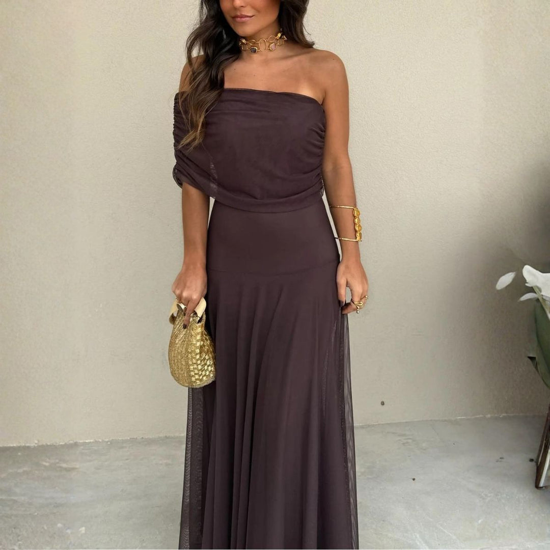 Front view of dark brown off-shoulder maxi dress with sheer side overlay panels