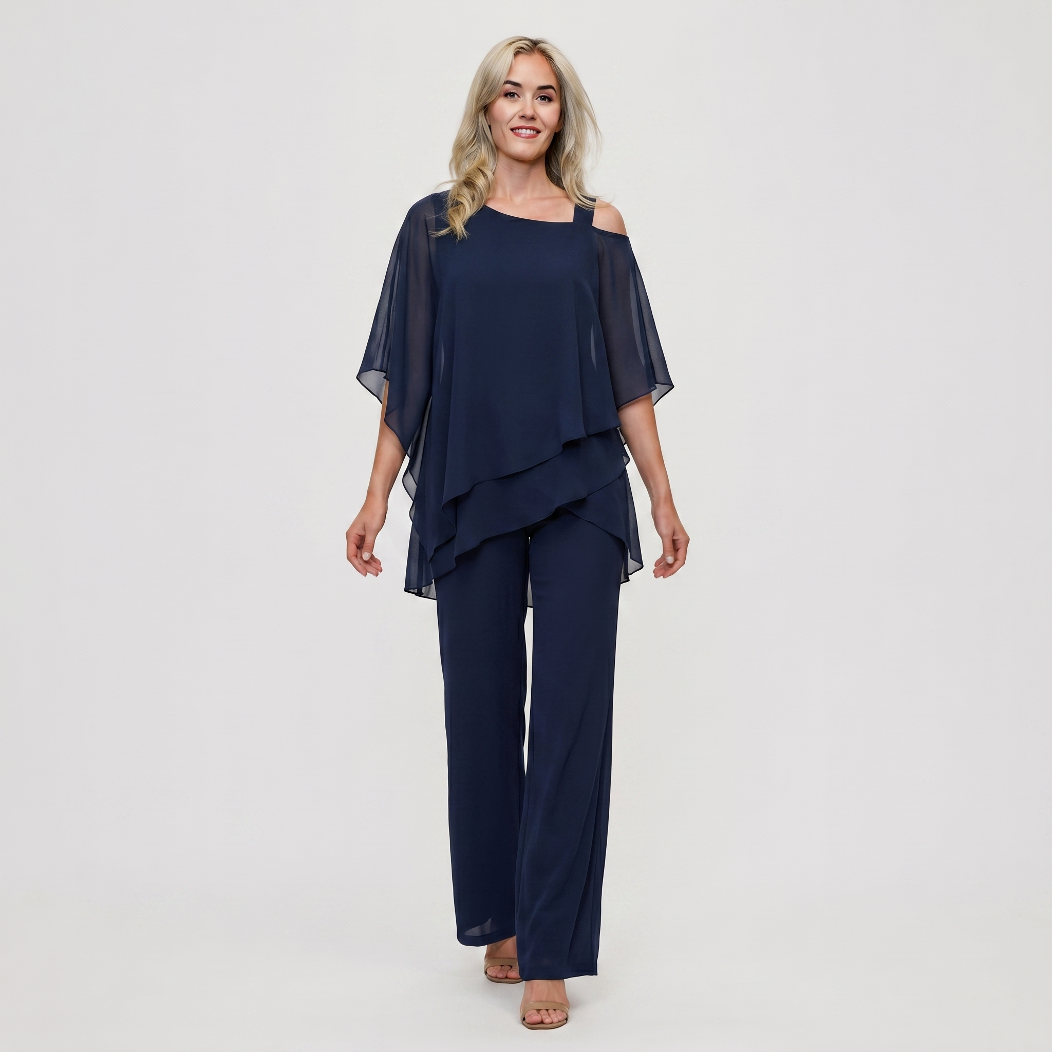 Navy blue loose-fit chiffon two-piece outfit featuring ruffled hem and straight-leg pants