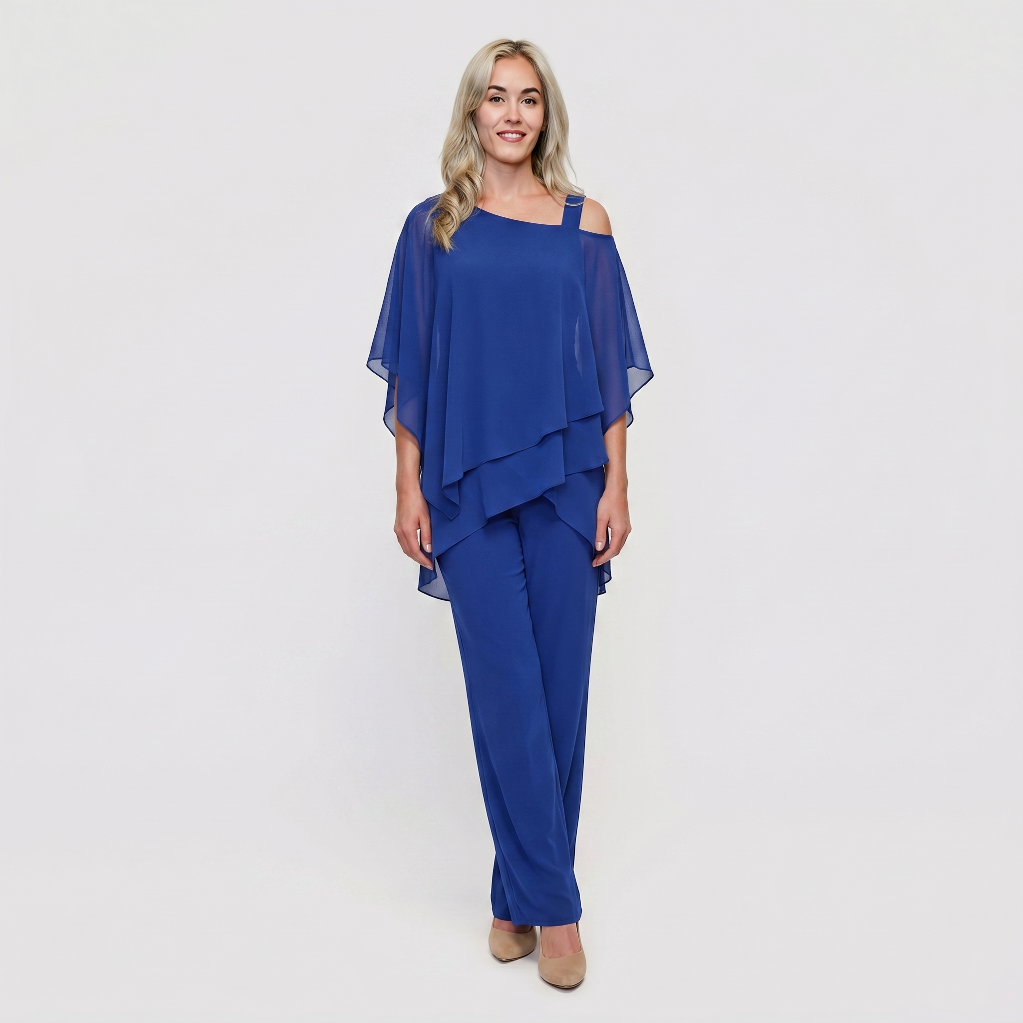 Royal blue chiffon two-piece set with asymmetrical one-shoulder top and ankle-length trousers
