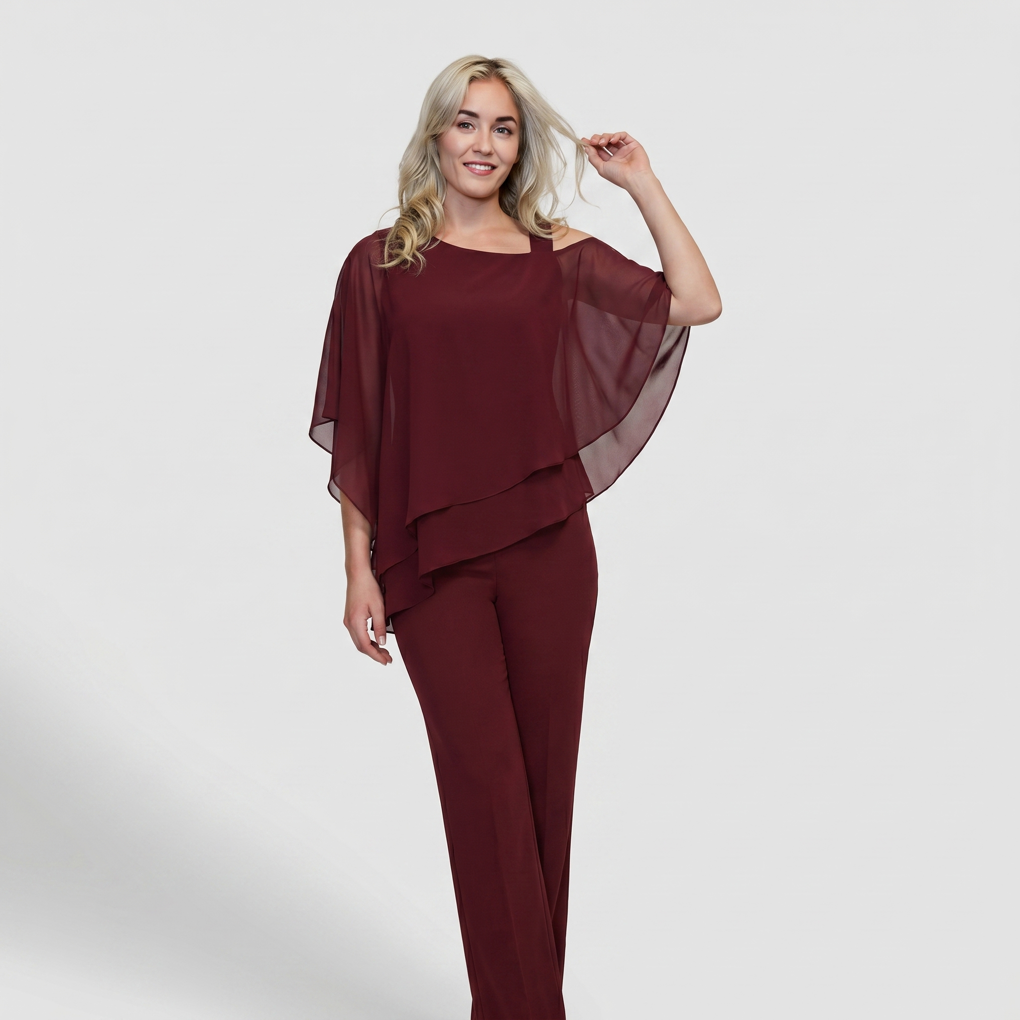 Burgundy spring fashion two-piece set with flowy chiffon top and matte straight-leg pants