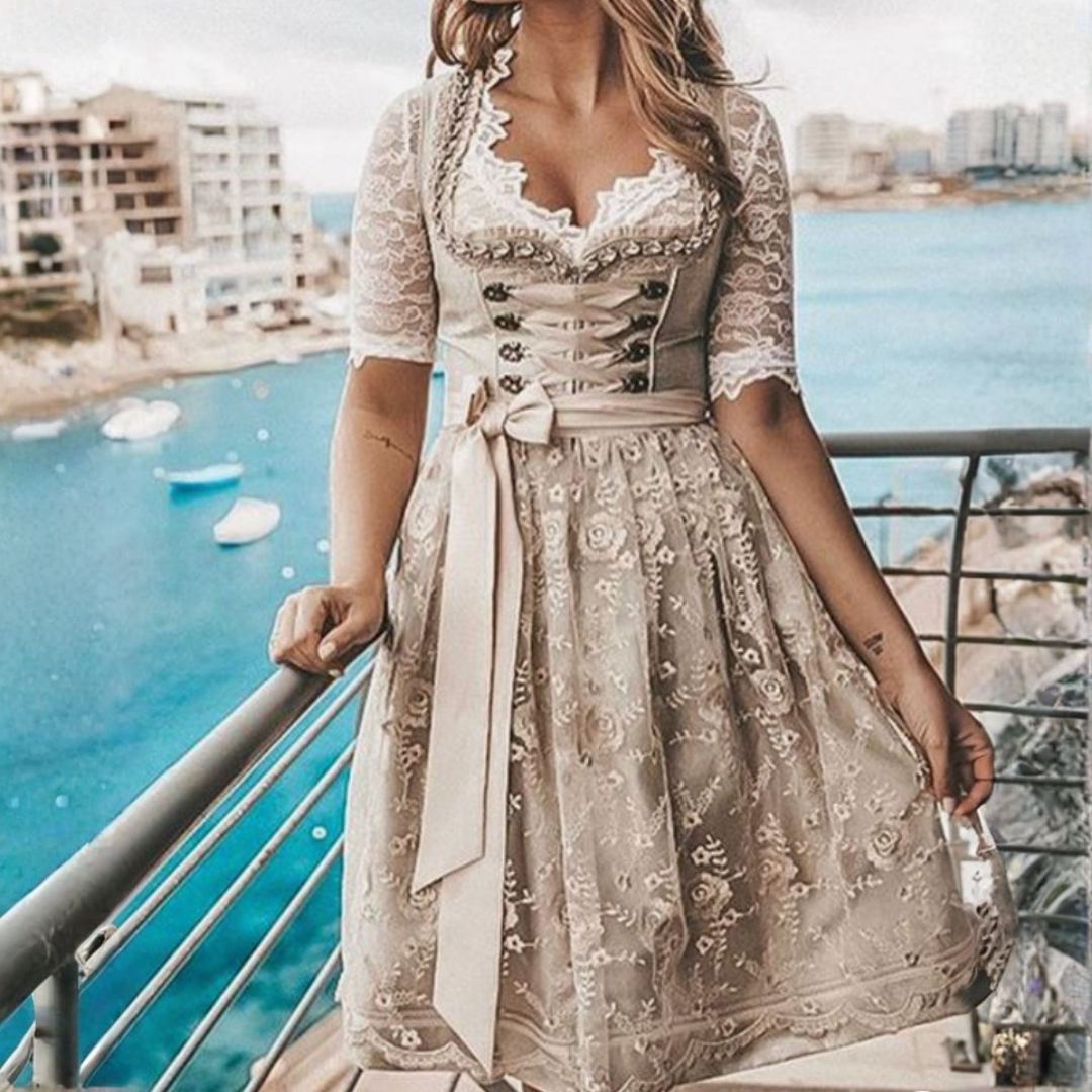 Elegant Traditional Dirndl Dress with Lace-Up Bodice and Floral Jacquard
