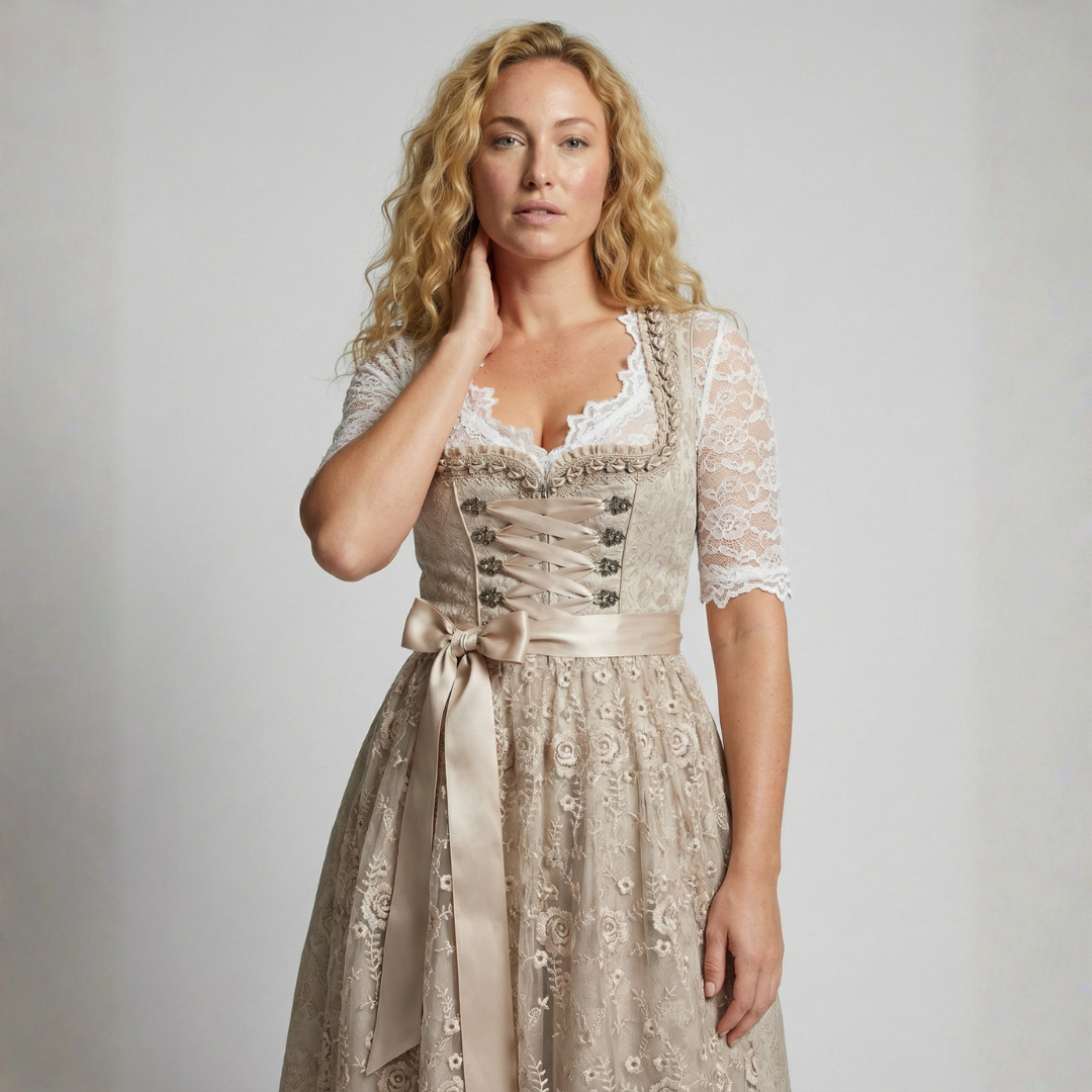 Elegant Traditional Dirndl Dress with Lace-Up Bodice and Floral Jacquard