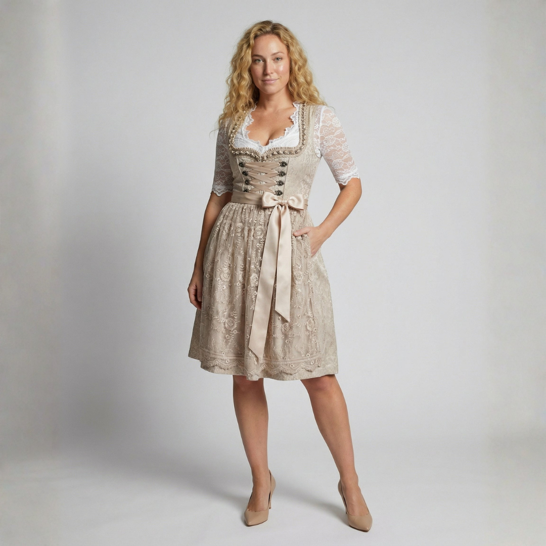 Elegant Traditional Dirndl Dress with Lace-Up Bodice and Floral Jacquard