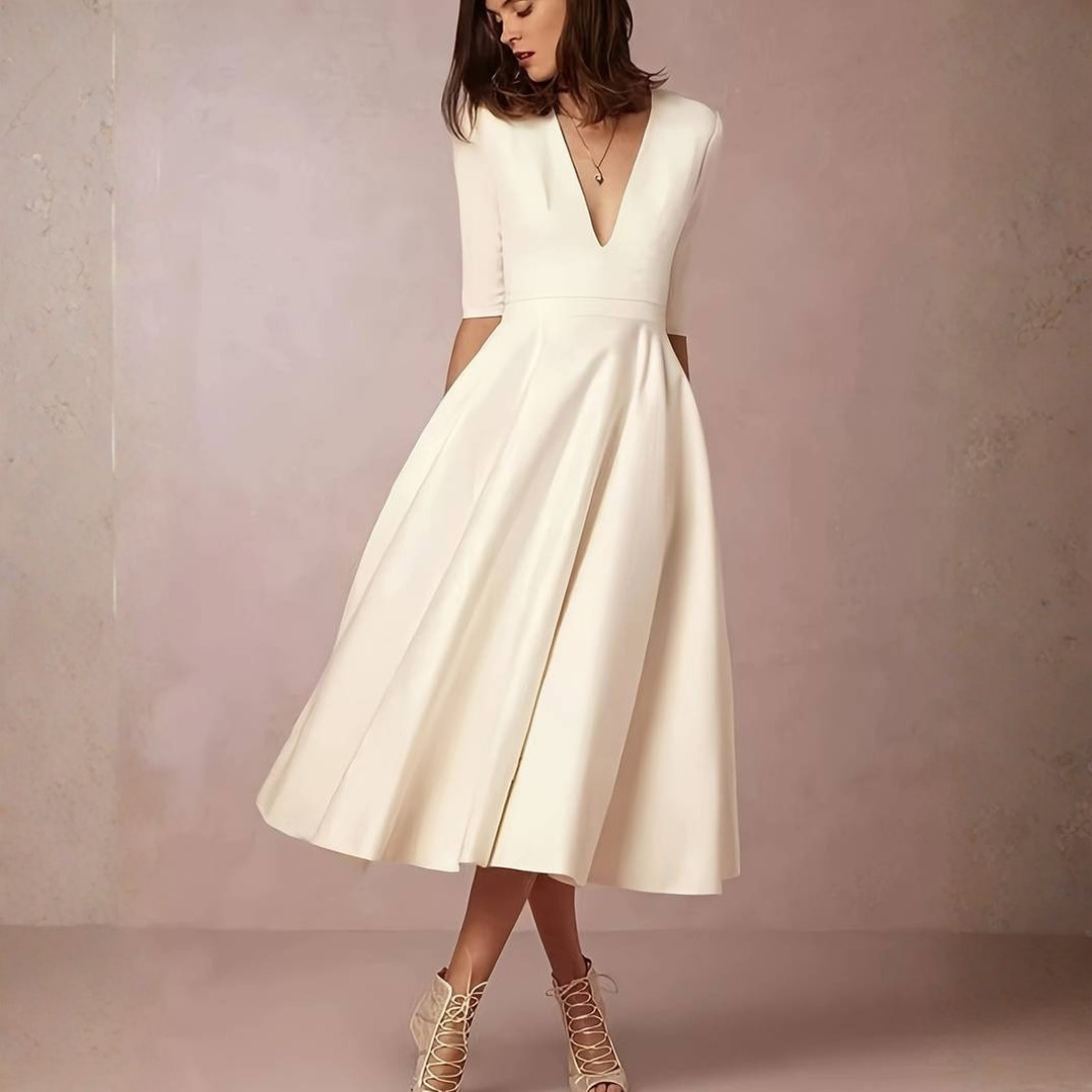 Elegant Women's Flared Midi Dress – Timeless V-Neck Design for Wedding Events