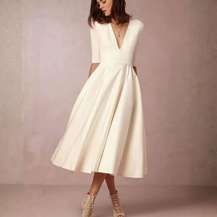 Elegant Women's Flared Midi Dress – Timeless V-Neck Design for Wedding Events