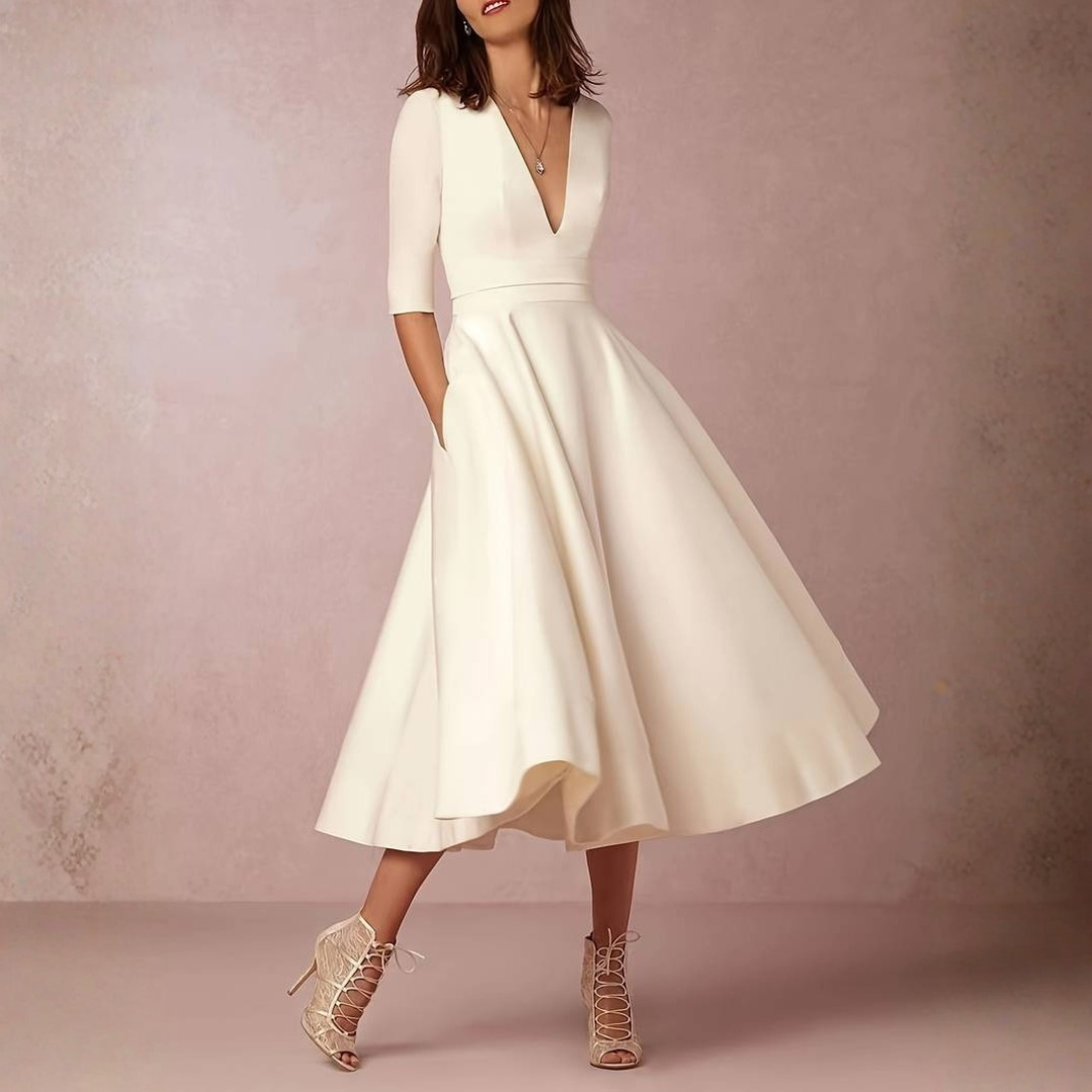 Elegant Women's Flared Midi Dress – Timeless V-Neck Design for Wedding Events
