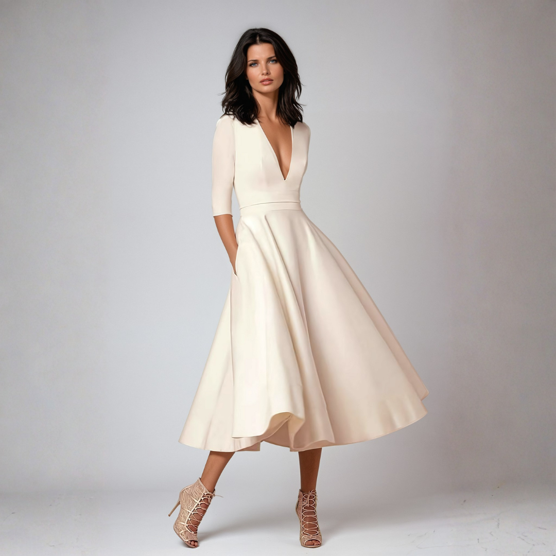 Elegant Women's Flared Midi Dress – Timeless V-Neck Design for Wedding Events