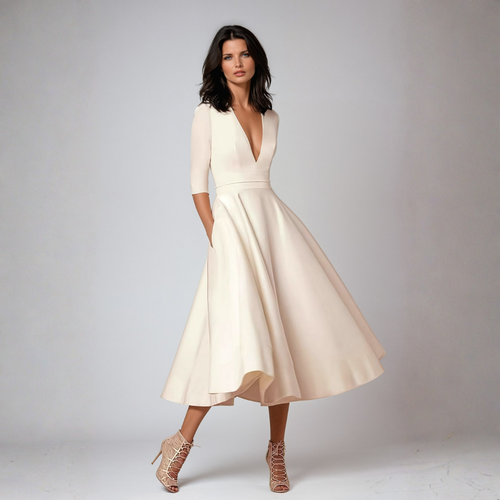 Elegant Women's Flared Midi Dress – Timeless V-Neck Design for Wedding Events