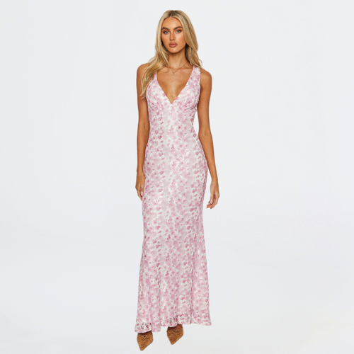 Elegant Women's Floral Maxi Dress – Fitted Silhouette with V-Neckline For Wedding Events
