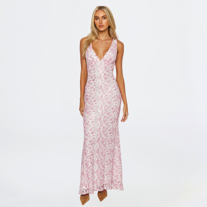 Elegant Women's Floral Maxi Dress – Fitted Silhouette with V-Neckline For Wedding Events