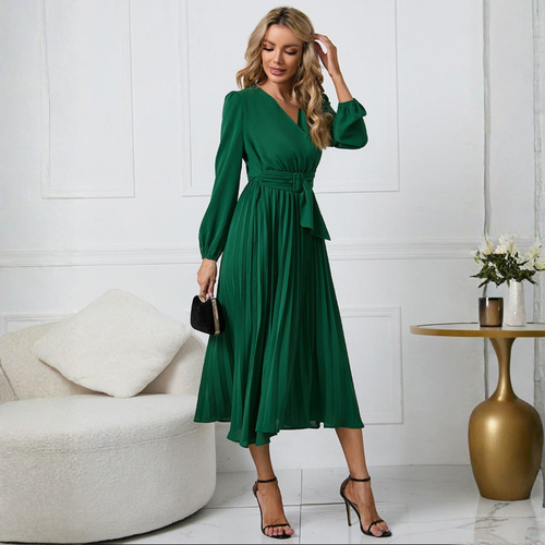 Elegant Women's Long Sleeve Midi Dress – Flattering Wrap Neckline, Airy Fit, Wedding Event