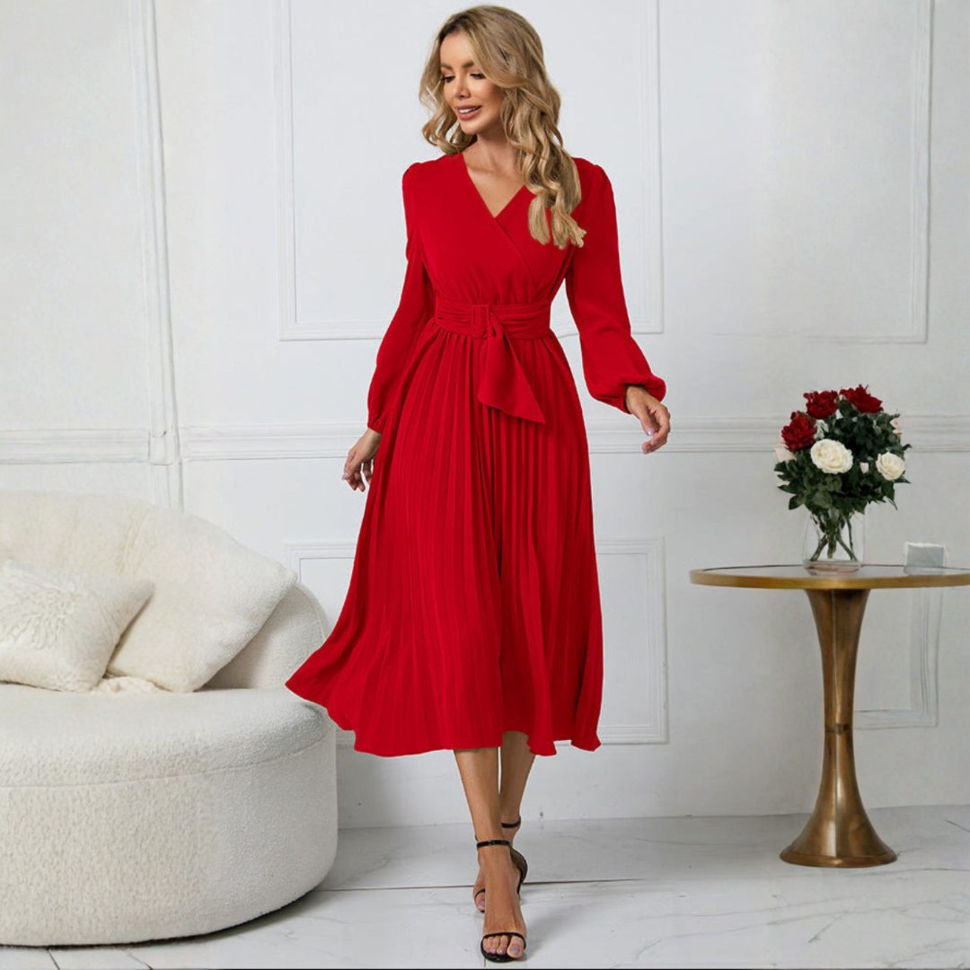 Elegant Women's Long Sleeve Midi Dress – Flattering Wrap Neckline, Airy Fit, Wedding Event