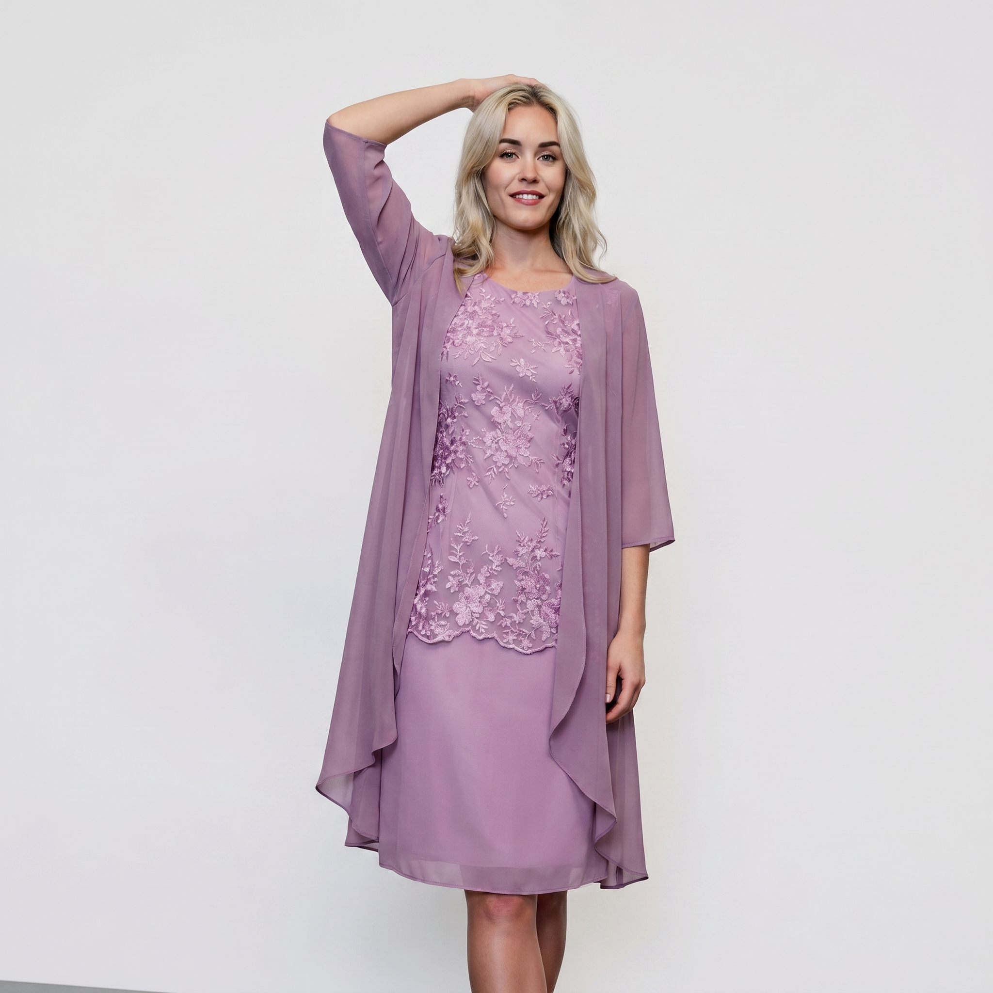 Lavender women's midi wedding dress with floral lace bodice and sheer sleeve cardigan