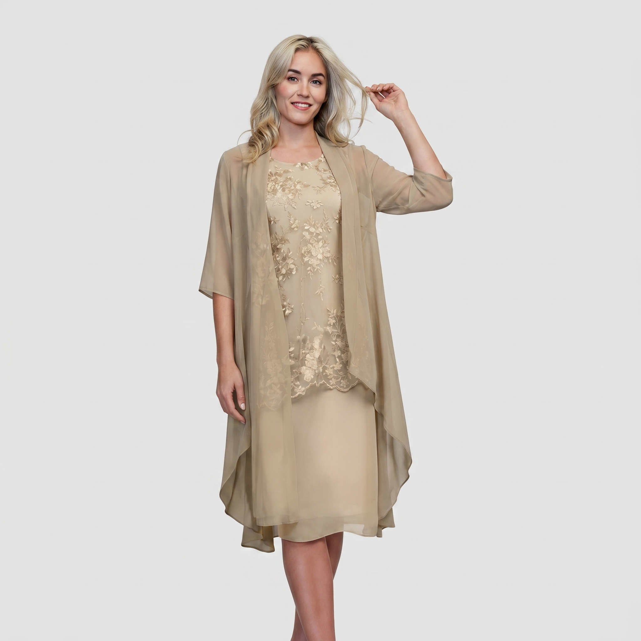 Beige elegant midi dress for weddings featuring lace appliqué and flowing sheer sleeves