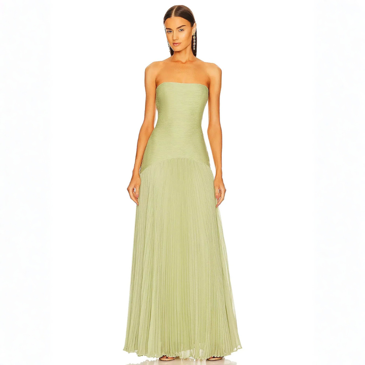 Elegant Women's Strapless Pleated Maxi Dress – Flowing Design for Wedding Events