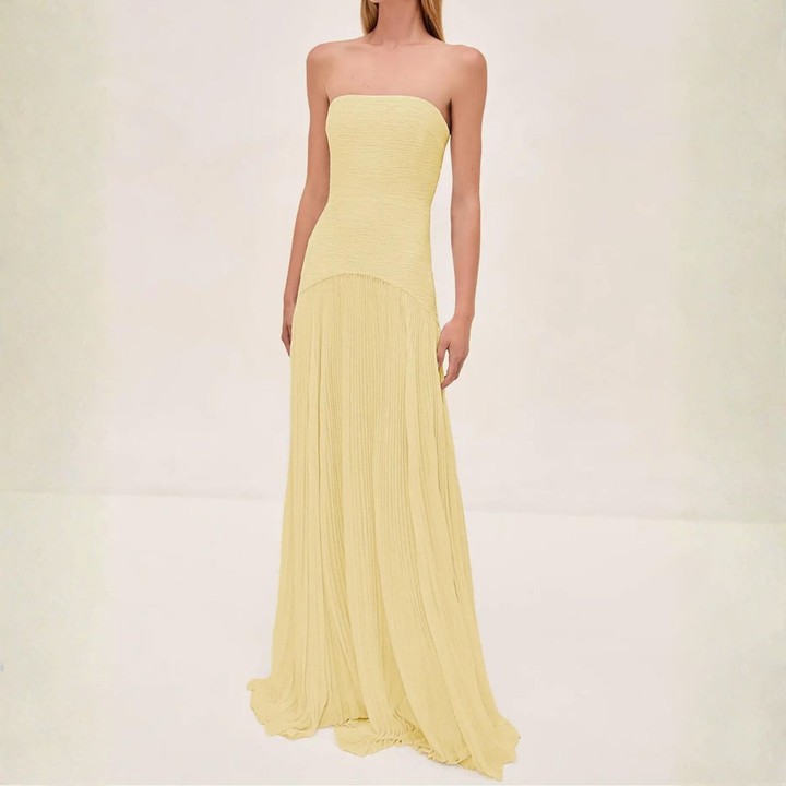 Elegant Women's Strapless Pleated Maxi Dress – Flowing Design for Wedding Events