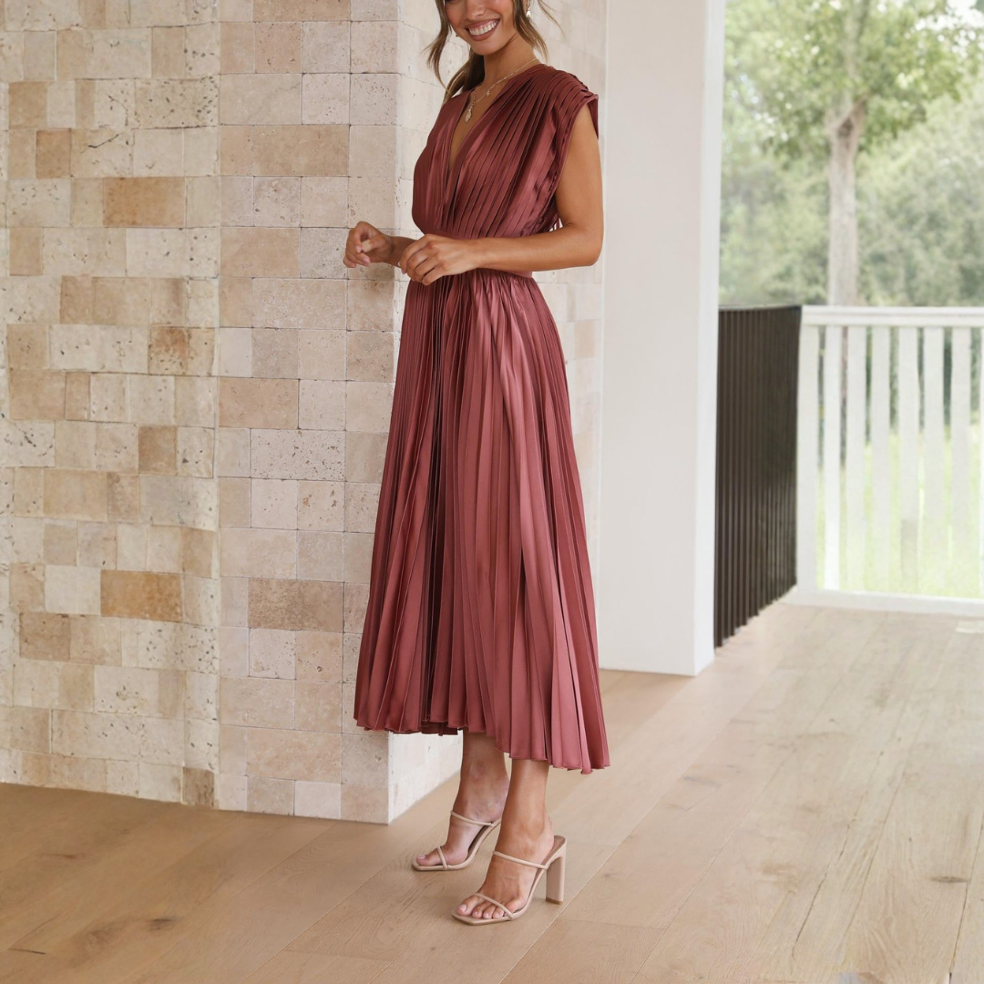 Elegant Women's Summer Pleated V Neck Midi Dress – Airy Fit for Wedding Events