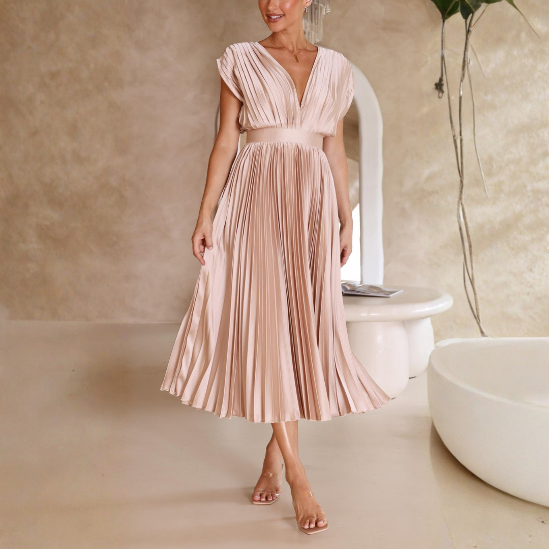 Elegant Women's Summer Pleated V Neck Midi Dress – Airy Fit for Wedding Events