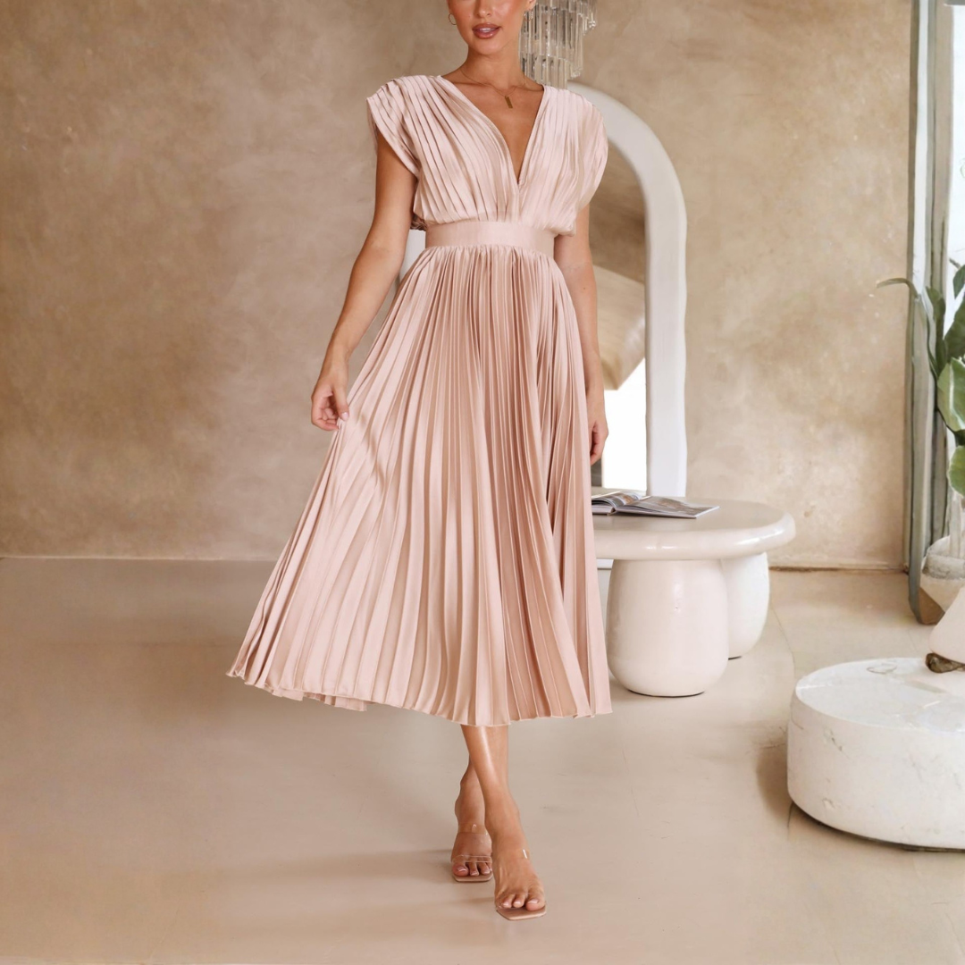 Elegant Women's Summer Pleated V Neck Midi Dress – Airy Fit for Wedding Events