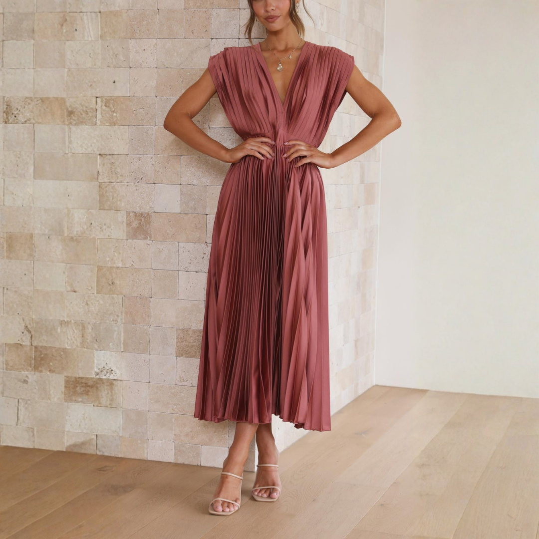 Elegant Women's Summer Pleated V Neck Midi Dress – Airy Fit for Wedding Events