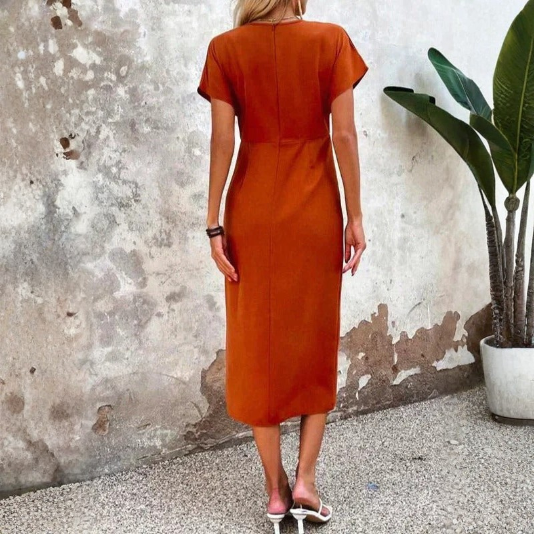 Elegant Women's Summer Wrap Midi Dress with V Neck and Flattering Fit For Wedding Events
