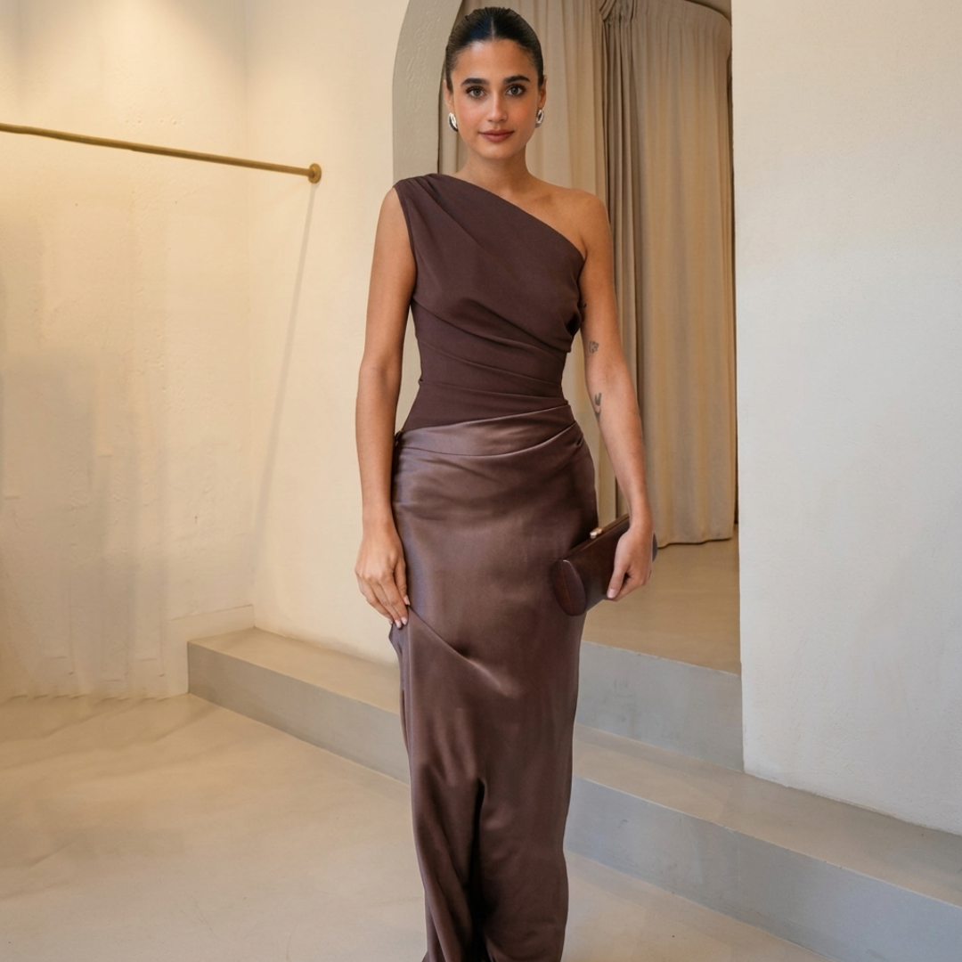 Elegant Women's Wedding Maxi Dress – Flattering One-Shoulder Design with Asymmetrical Neckline